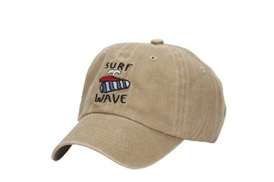 Detail of khaki washed cotton baseball cap with Surf Wave embroidery and curved brim