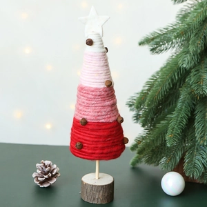 Handcrafted pink gradient wool felt Christmas tree with metal bell and wood base decor