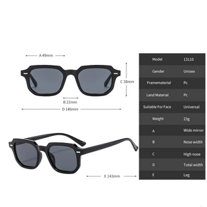 Detailed size specifications of unisex square frame sunglasses with PC lens and frame