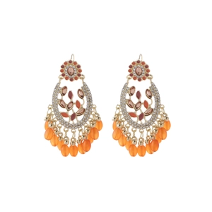 Bohemian chandelier earrings with orange beads and vintage crystals in gold setting