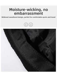 Macro shot of breathable honeycomb lining and widened sweatband of the black beret hat