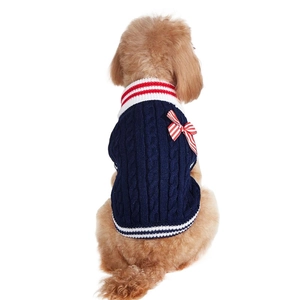 Dark blue cable knit pet sweater with red and white striped bow for small dogs