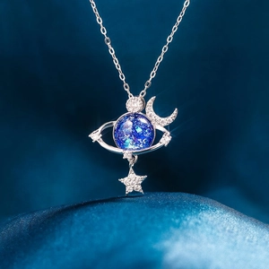 925 Sterling Silver Starry Sky Planet Necklace For Women Cubic Zirconia Moon Star Pendant Fashion Jewelry