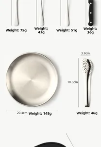 Detailed size chart of stainless steel camping plates and utensils with dimensions and weights