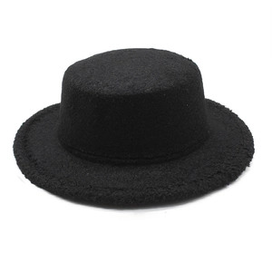 Classic black wool felt boater hat with flat top design and wide brim for outdoor style