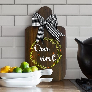 Walnut wood cutting board wall decor with Our Nest print and black white plaid bow