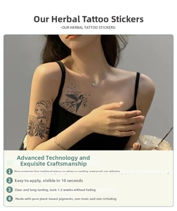 Detail of waterproof herbal temporary tattoo with elegant oriental lady and bird designs