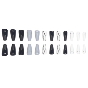 Long coffin press-on nails set with marble patterns, black, white, and silver line designs