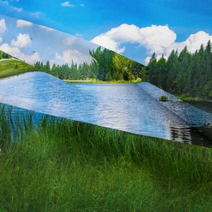 Bohemian forest lake tapestry showing scenic nature landscape on soft folding fabric