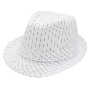 Classic white pinstripe fedora hat with matching decorative band in a minimalist style