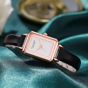 Vintage Rectangular Women Quartz Watch Elegant Rose Gold Alloy Case PU Leather Strap Minimalist Square Analog Wristwatch Ladies Gift