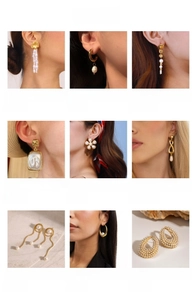 Collection of pearl drop earrings in gold stainless steel featuring various elegant designs