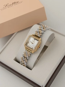 Macro shot of a square dial women watch with rhinestones and two-tone gold silver band
