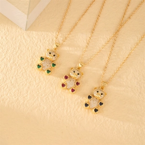 Gold-plated teddy bear necklace with full diamonds and colorful heart accents
