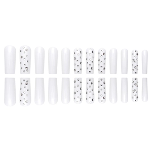 White long coffin press-on nails with rhinestone accents 24pcs set on white background