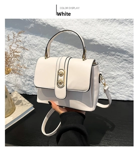 White minimalist crossbody handbag featuring a gold oval clasp and black edge paint detail