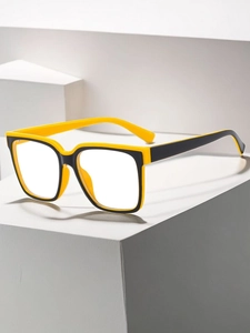Detail of square TR90 anti-blue light glasses in contrasting black and yellow finish