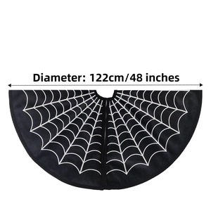 Close-up of black Halloween tree skirt with white spider web pattern, 122cm diameter