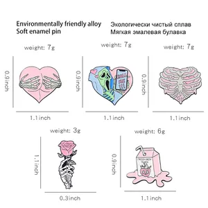 Size specifications for pink skeleton rose heart enamel pins and alloy brooch collection