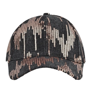 Fashionable black denim baseball cap with rose gold sequins and a curved brim
