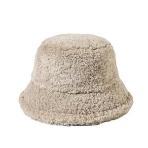 Beige winter sherpa bucket hat for women with thick warm fleece and round flat top design