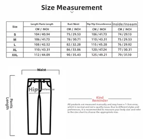 Detailed size measurement chart for men's parachute cargo pants with CM and INCH specifications