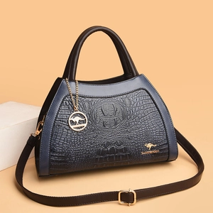 Retro dark blue crocodile texture handbag with gold kangaroo charm and adjustable strap