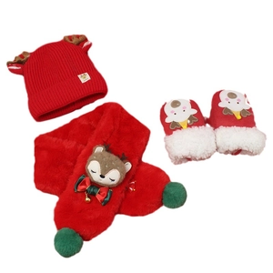 Kids Christmas winter set with cartoon reindeer hat, plush scarf and warm red gloves