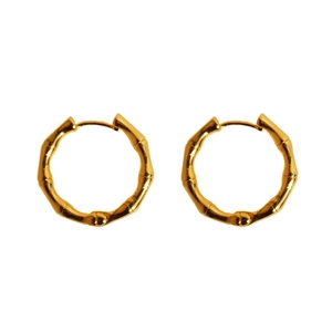 Minimalist gold-plated brass bamboo texture hoop earrings on a clean white background