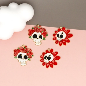 Halloween enamel skull charms with red floral crowns for jewelry and bag accessories