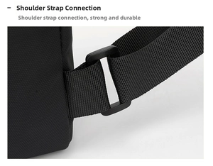 Detail of high-density nylon strap and matte D-ring on the black men's chest bag