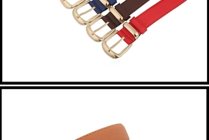 Detailed macro view of thin leather belts for women with polished gold pin buckles