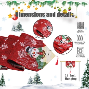 Detail of red Christmas table runner with snowman embroidery and 13-inch drop length