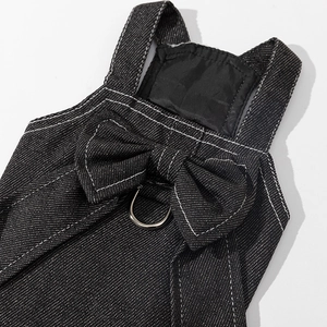 Denim dog harness dress with cute bow tie and metal D-ring attachment in black