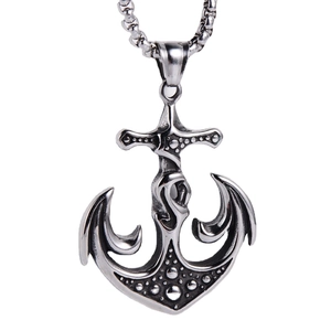 Vintage silver stainless steel anchor pendant necklace with square pearl chain for men