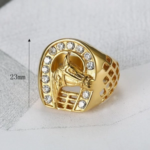 Bague tête de cheval et fer à cheval dorée pour homme, 23mm de haut avec cristaux
