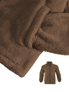 Close-up of brown polar fleece jacket texture showing thick material and collar detail