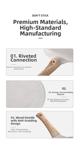 Close-up of non-stick stone coating, rivet joint, and ergonomic wood-textured handle