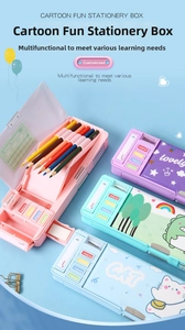 Detail of multi-functional pencil case showing sharpener and dual-layer storage slots