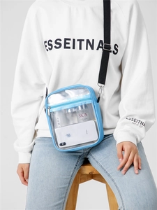 Detail of blue transparent PVC crossbody bag showing internal storage for phone and cosmetics