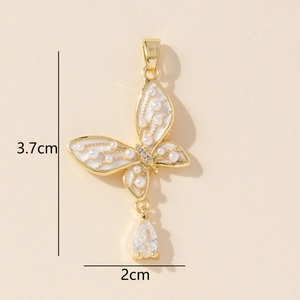 Detail of butterfly pendant with white pearls, diamonds and clear zircon drop charm