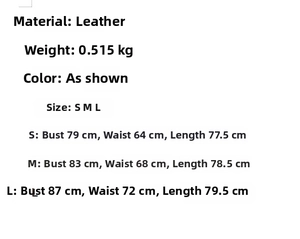 Detailed size chart for retro PU leather patchwork dress showing bust and waist measurements