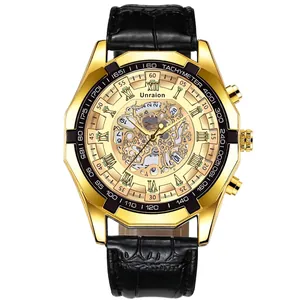 Skeleton automatic men's watch with gold case, black leather strap and Roman numerals