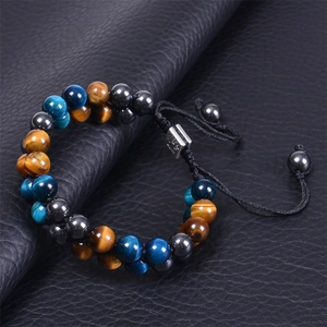 Double-layer braided tiger eye and black magnetic stone bracelet with tree of life charm