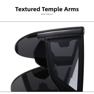 Detail of high-gloss black hinge and temple on minimalist rimless sunglasses