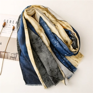 Artistic ink-style cotton linen scarf with geometric patterns and fringe detail