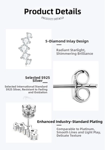 Detailed macro view showing five-stone moissanite setting and S925 silver earring backing