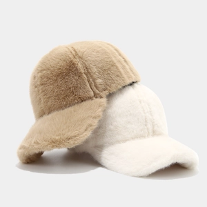 Faux fur winter baseball caps in camel and beige with plush texture for outdoor warmth