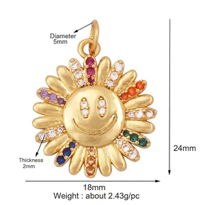 Detail of sunflower pendant with multicolor zircon petals and center smiley face