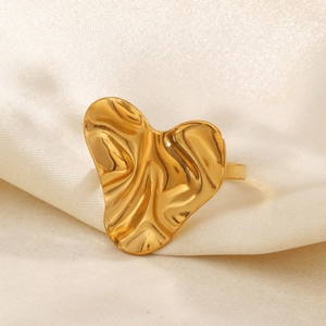 Minimalist gold plated stainless steel heart ring with irregular wrinkled texture on silk